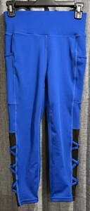 Leggings yoga POP FIT blu royal gamba trasparente incrociata/croce taglia S tasche crop - Foto 1 di 10
