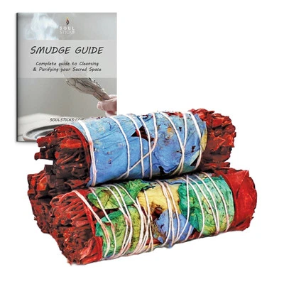 SOUL STICKS 3 Pack Dragon's Blood Sage with Flowers Sage Smudge Sticks USDA Organic Set 4"