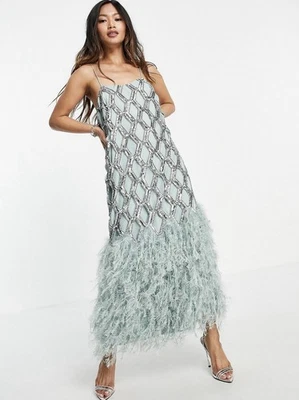ASOS Edition Geo Sequin Cutwork Midi Dress with Feather Hem US14 - Image 1 of 4
