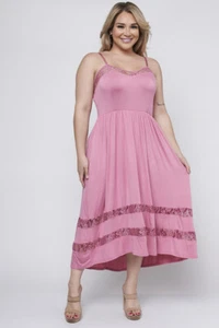 Womens Plus Size Rose Pink Midi Sundress 2X Lace Accent Spaghetti Strap - Picture 1 of 3