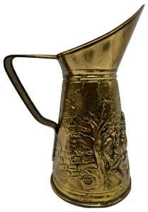 Vintage Embossed Hammered solid Brass Pitcher England Parlor Pub Scene 8” patina - Picture 1 of 10
