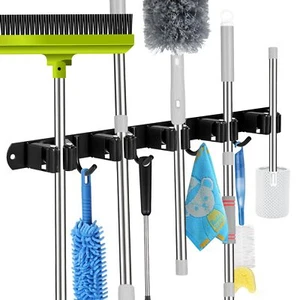 5 Racks and 4 Hooks Mop and Broom Holder Wall Mount, Self Adhesive Heavy Duty... - Picture 1 of 7