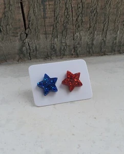 Patriotic Glitter Star Earrings Red Blue Memorial Day 4th of July American Flag - Picture 1 of 2