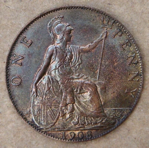1908 GREAT BRITAIN ONE PENNY COIN- BEAUTIFUL TONING, EXCEPTIONAL CONDITION! - Picture 1 of 4
