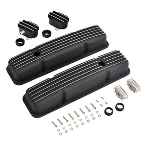 Black Finned Short Valve Covers & Air PCV Breather For SBC Chevy 327 350 1958-86 - Picture 1 of 10