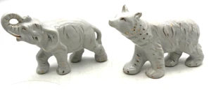 VTG MCM White Glazed Ceramic Elephant & Bear w/Gold Accent Figurines -Japan - Picture 1 of 9