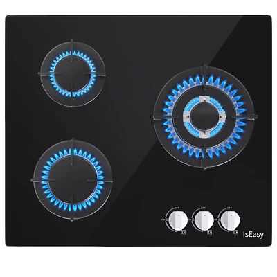 ISEASY 60cm Glas Gaskochfeld 3 Flammig Einbau Kochfeld Erdgas/Propangas Gaskocher 7750w