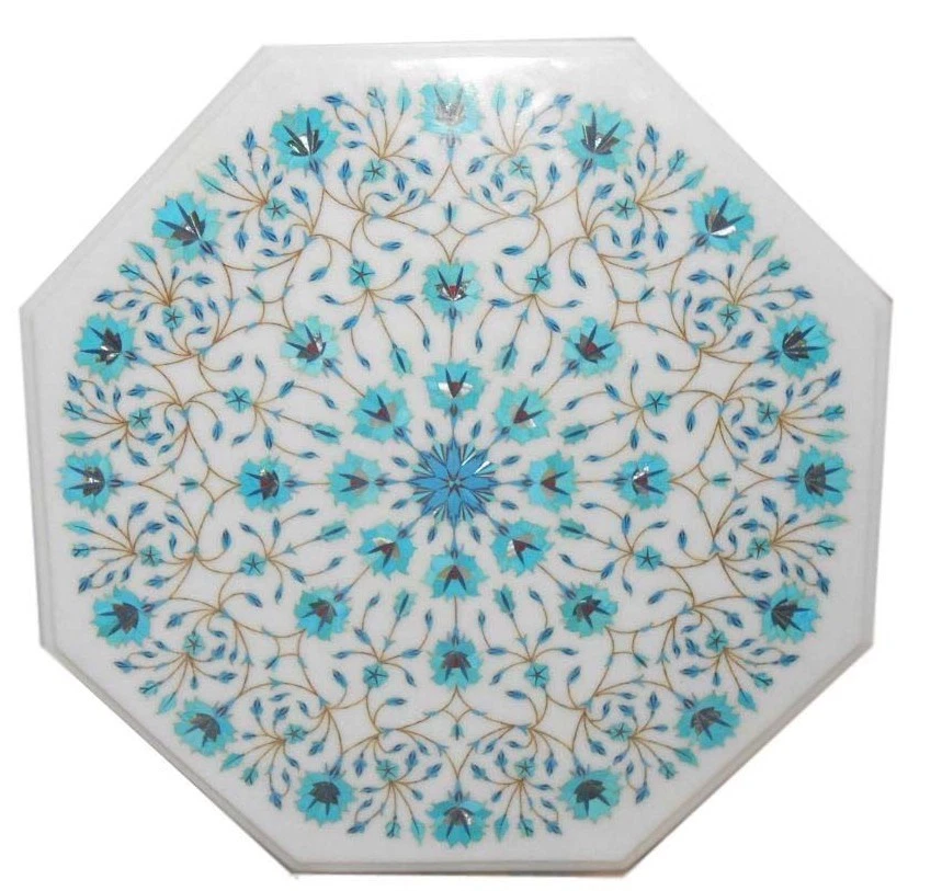 24" White Marble Table Top Semi Precious Stones Turquoise Inlay Home Decor - Image 1 of 1