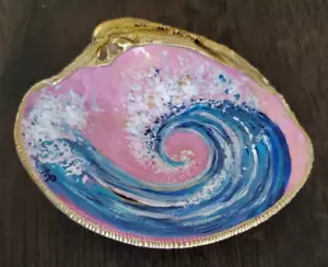 Seashell Art Painted Beach Wave Gold Trim by MELMAE jewelry tray - Picture 1 of 2