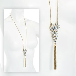 Antique gold colour crystal chain tassel necklace. 80cm - JTY1482 - Picture 1 of 1