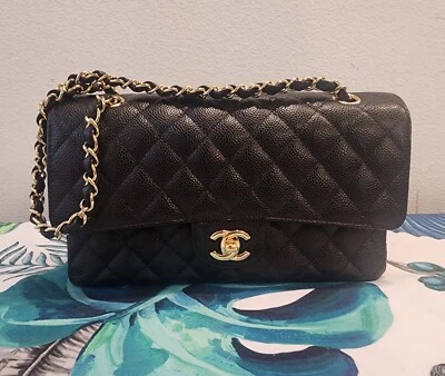 $10,817 SOLD OUT CHANEL CLASSIC BLACK MEDIUM DOUBLE FLAP QUILTED CAVIAR GOLD EXC - Image 1 of 4