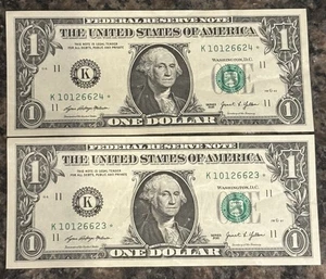 2021 $1 Star Notes Consecutive Pair Serial Numbers K10126623 & 624 - Picture 1 of 6