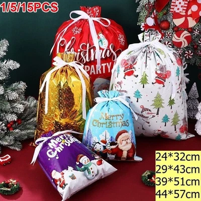 1-15x Large Christmas Sacks Reusable Foil Drawstring Wrap Present Gift Party Bag - Image 1 of 4