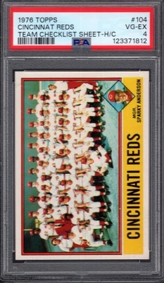 1976 Topps #104 Cincinnati Reds Equipo Lista de Verificación Hoja H/C PSA 4 ¡Muy bueno! BANCO Foto 1 de 2