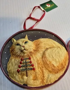 Kurt Adler orange Katze mit Weihnachtsbaum ovaler Ornament - Bild 1 von 4