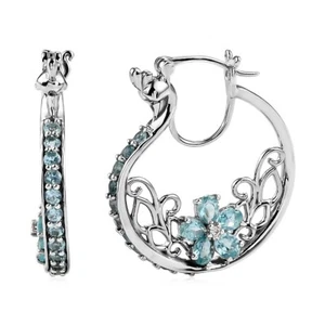 Paraiba Apatite and Natural White Zircon Hoop Earrings in Platinum Over Silver - Picture 1 of 5