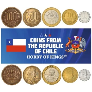 5 Coins Chile Collectible Chilean Money Currency 1 - 100 Pesos 1975 - 2021 - Picture 1 of 3