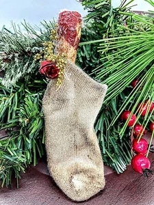 Primitive Christmas Sock w/ Candy Cane sweet Annie bell Handmade Free Shipping - Picture 1 of 7