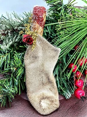 Primitive Christmas Sock w/ Candy Cane sweet Annie bell Handmade Free Shipping - Image 1 of 4