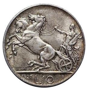 Regno D'Italia - 10 Lire Biga 1927 "Due Rosette" Argento/Silver - SPL/QFDC - Foto 1 di 2
