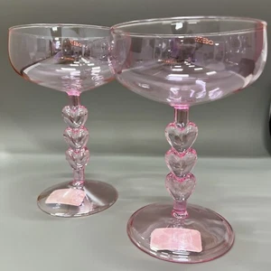 NEW Stacked Hearts PINK COUPE GLASSES Martini Margarita Cocktail Rare SET OF 2 - Picture 1 of 4
