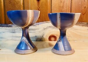 Set Of 2 Hand Thrown Studio Art Red Ware Pottery Chalice Candle Holders Marked