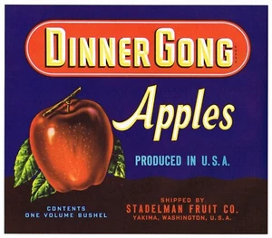 ORIGINAL CRATE LABEL VINTAGE APPLE WASHINGTON YAKIMA DINNER GONG STADELMAN 1940S - Picture 1 of 1