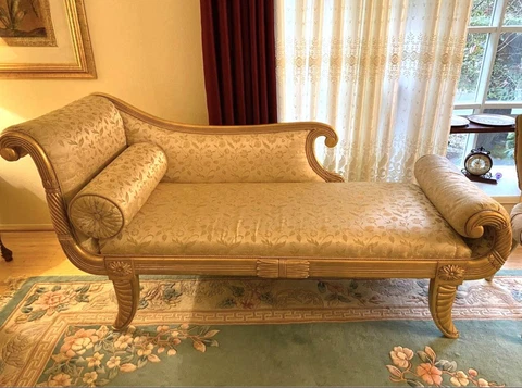 Antique Victorian Settee Fainting Couch Chaise Curved Carved Curled Gold Leaf Cover