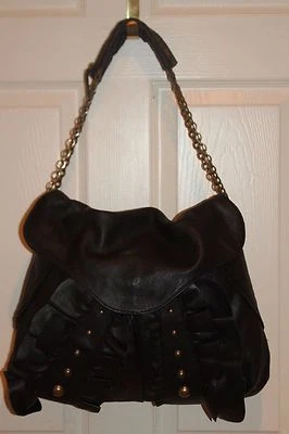 HYPE Black Pebbled Leather Large Ruffled Chain Link Shoulder Bag Hobo - Image 1 of 4