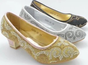 GIRLS DIAMANTE KIDS PARTY SANDALS WEDDING EVENING BLOCK HEELS COURT SHOES G259-1 - Picture 1 of 10
