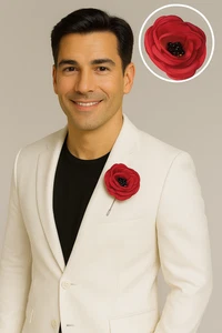 Red & Green Leaf 6CM Rose Flower Lapel Blazer Mens Pin Prom Party Fancy Corsage - Picture 1 of 2