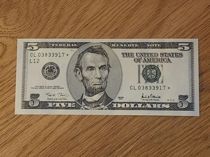 2001 $5 "STAR NOTE" UNC/GEM SAN FRANCISCO CL03833917* 1 OF 3 CONS SERIAL NUMBERS - Picture 1 of 5