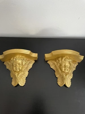 Set Of 2 Golden Cherub Angels Winded Cupid Wall Shelfs, Vintage, Heavy - Image 1 of 4