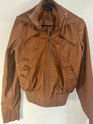 New Look Faux Leather Moto Jacket Medium Brown Full Zip Pockets Short Stylish - Image 1 of 3