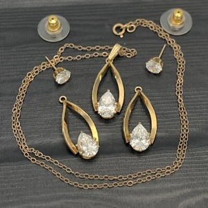 Round Pear Cut CZ Wishbone Set Earrings Pendant Gold Filled Free Chain MSRP $216 - Picture 1 of 10