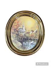 Vintage 1986 Homco Gold Oval Framed Church Lake Water Wall Picture~ 7.5×6.75" 