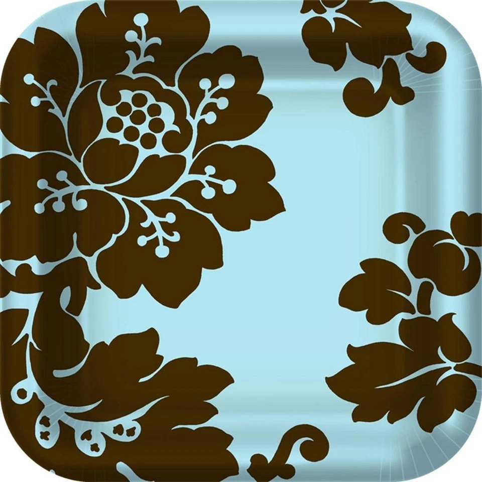 Platos de postre de papel cuadrados de 7" para fiesta temática de jardín con flores con patrón floral damasco Foto 1 de 1