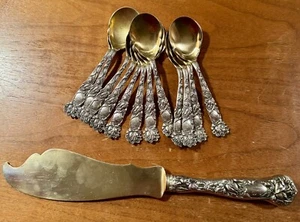 RARE ALVIN BRIDAL ROSE 11 3/4” ALL STERLING HOLLOW H ICE CREAM 13 PIECE SET - Picture 1 of 11