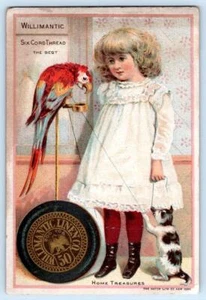 WILLIMANTIC THREAD PARROT KITTEN CAT GIRL HATCH LITHO CO VICTORIAN TRADE CARD - Picture 1 of 2