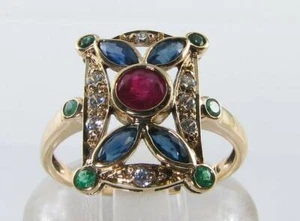 LONG 9K 9CT GOLD RUBY SAPPHIRE COLOMBIAN EMERALD DIAMOND ART DECO INS RING - Picture 1 of 5