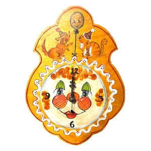 Vtg Kitsch Wall Clock Hand Painted Cat & Dog Smiley Face Birthday Party Folk-Art - Picture 1 of 5