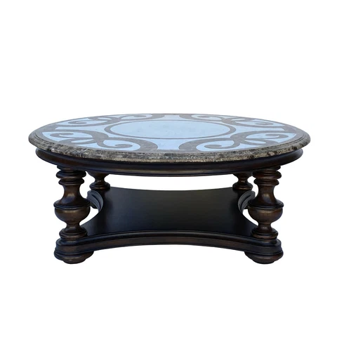 Vintage Estate Round Ribbon Cross Pattern Marble Top Coffee Table cs6081 Cover