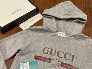 2019 CHILDREN'S GUCCI HOODED SWEATSHIRT W/ GUCCI LOGO HEATHER GREY RED GREEN 8 - Picture 1 of 15