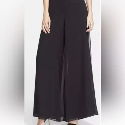 [4] St.John Couture Evening Black Silk Wide Slit Leg Georgette Palazzo Pants WMN - Image 1 of 4