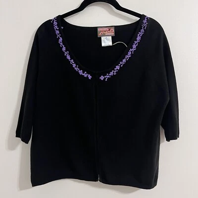Cárdigan April Cornell Negro Talla M Púrpura Bordado Abuela Core Manga 3/4 Foto 1 de 4