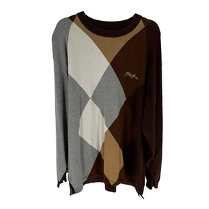 Phat Farm Sweater Mens XL Brown Gray Argyle Diamond Oversized Cotton Y2K Vintage - Picture 1 of 11