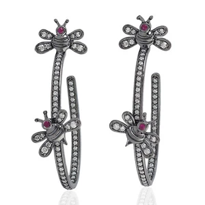 Hoop Natural Diamond Hoop Earrings 18k White Gold Ruby Jewelry - Picture 1 of 5