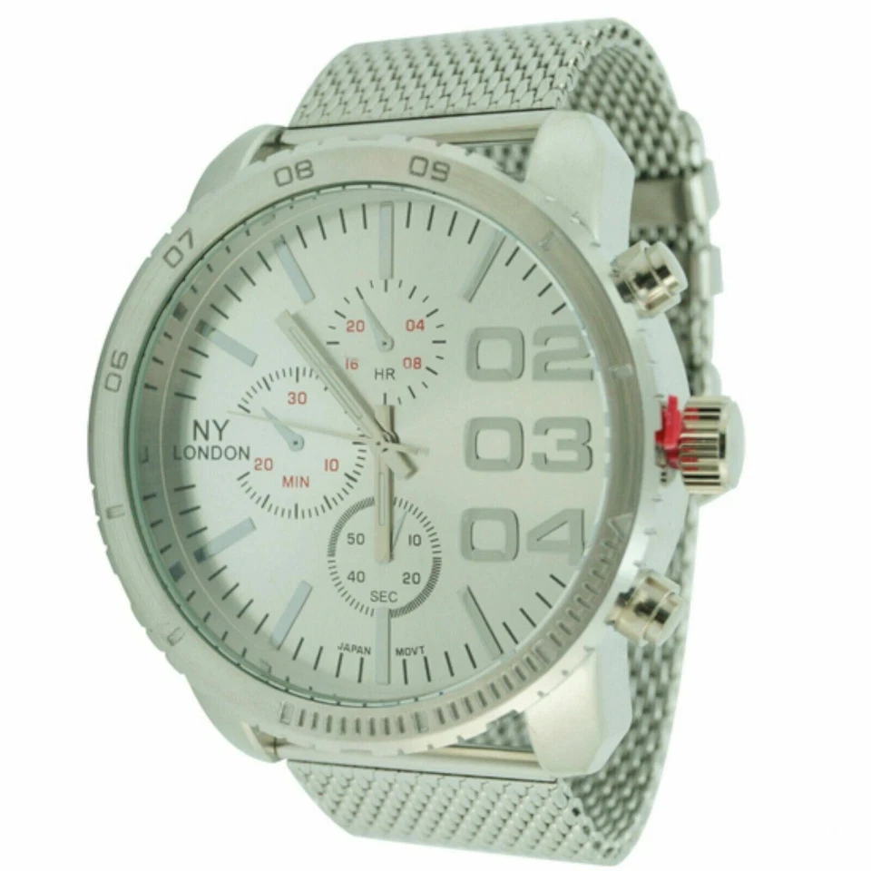 NUEVO NY London 4777 Para hombres 02 03 04 Big Hour Bisel Giratorio Banda Malla Plateada Reloj Foto 1 de 2