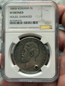 5 lei 1885 Romania King Carol, NGC VF holed, silver rare coin - Picture 1 of 6