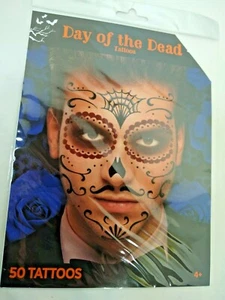 Tatuajes Halloween Día de Muertos Calavera de Azúcar 50 piezas en paquete Nuevas Edades 4+ - Imagen 1 de 3